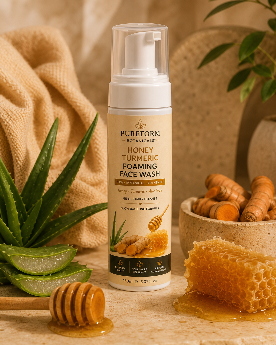 PUREFORM BOTANICALSTM Honey Turmeric Foaming Face Wash | Honey & Turmeric Cleanser | Botanical Glow Face Wash | Aloe Vera Face Cleanser | 150ml
